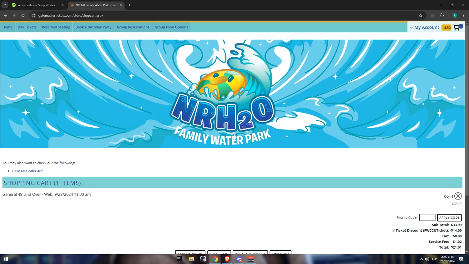 NRh2o checkout page showing NRh2o promo code box | Screenshot taken by SimplyCodes community member on Sep 26, 2024