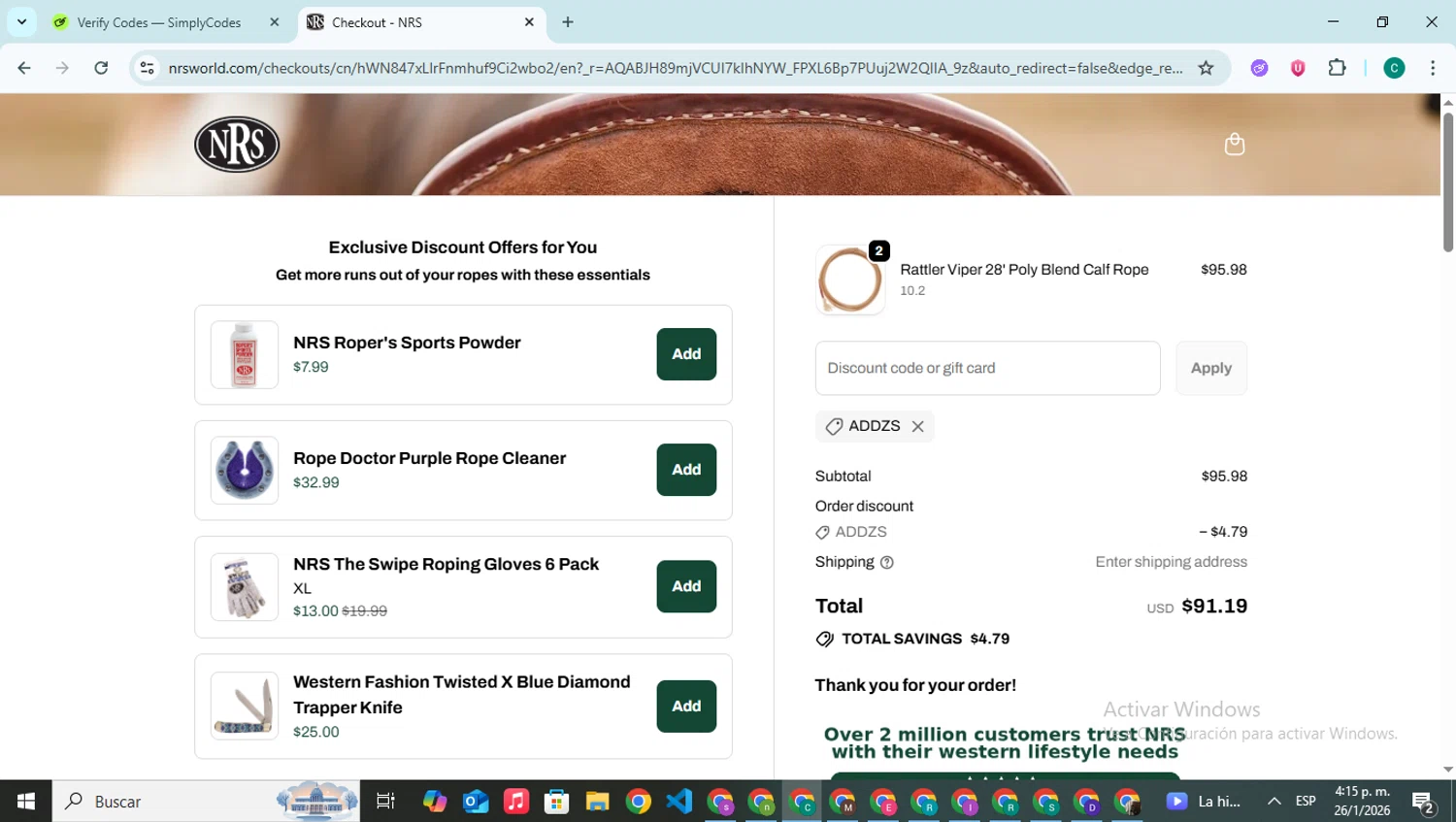 NRS World checkout page showing NRS World discount code box | Screenshot taken by SimplyCodes community member on Jan 26, 2026