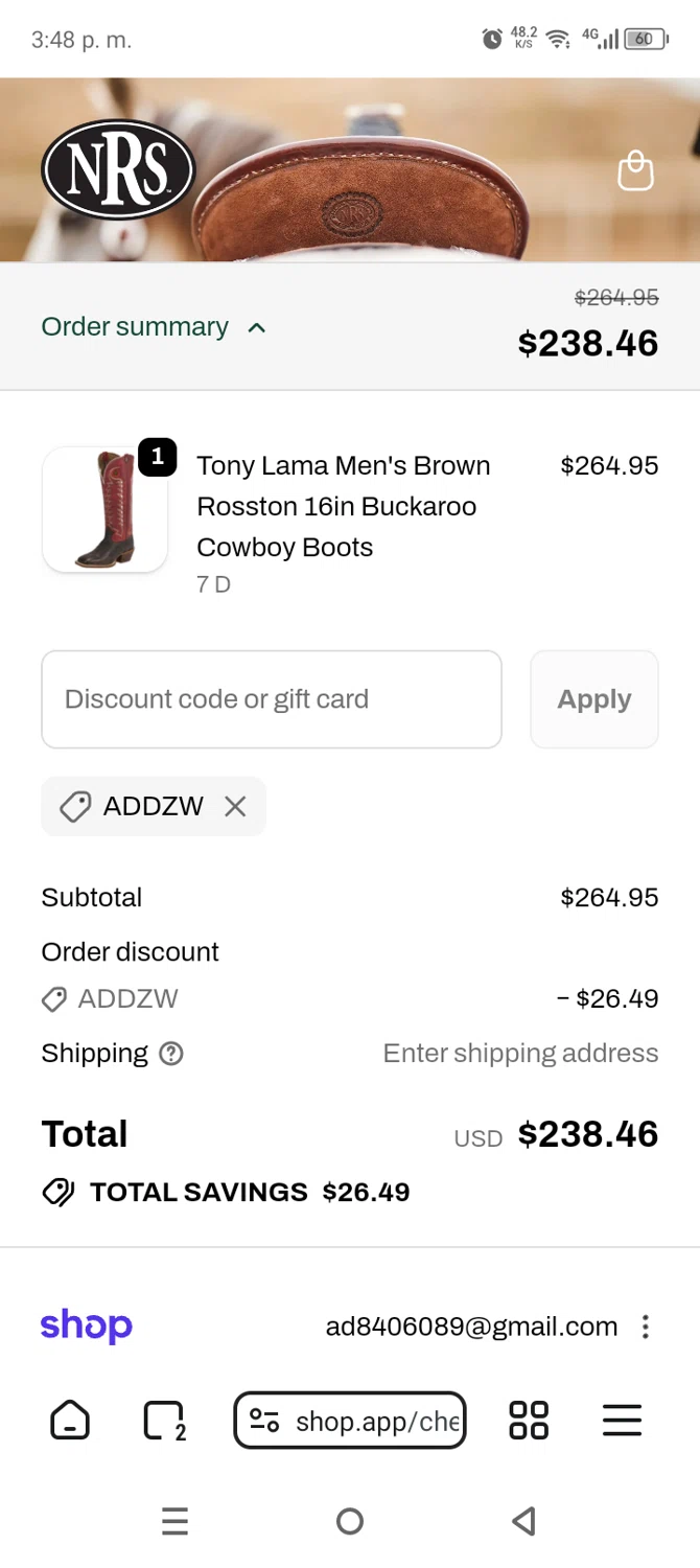 NRS World discount code screenshot showing code ADDZW applied at NRS World checkout page. Uploaded by SimplyCodes community member AnthonyGuapeton94 on Jan 30, 2026