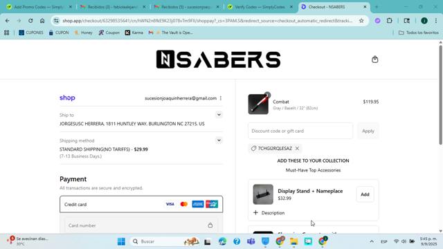 Nsabers checkout page showing Nsabers discount code box | Screenshot taken by SimplyCodes community member on Sep 9, 2025