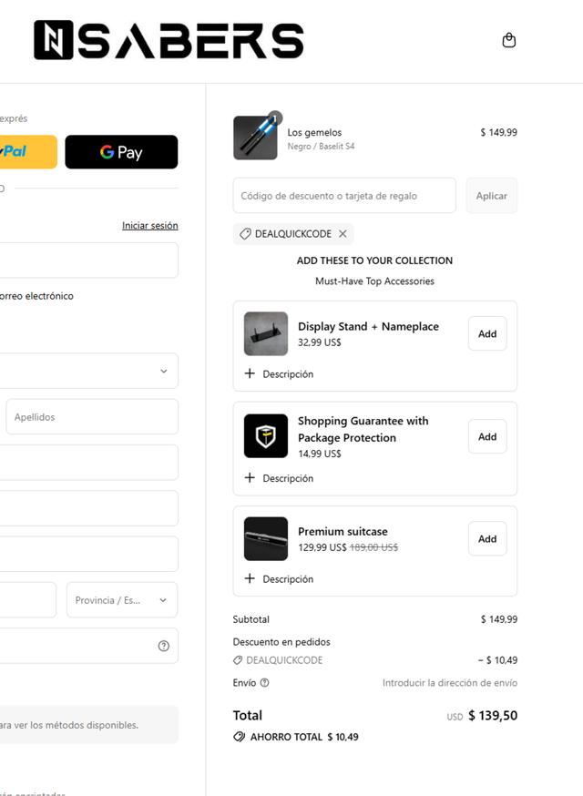 Nsabers checkout page showing Nsabers discount code box | Screenshot taken by SimplyCodes community member on Sep 10, 2025
