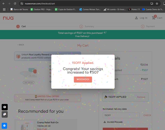 Nua checkout page showing Nua coupon code box | Screenshot taken by SimplyCodes community member on May 24, 2025