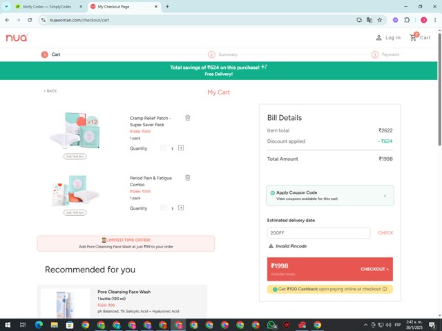 Nua checkout page showing Nua coupon code box | Screenshot taken by SimplyCodes community member on May 30, 2025