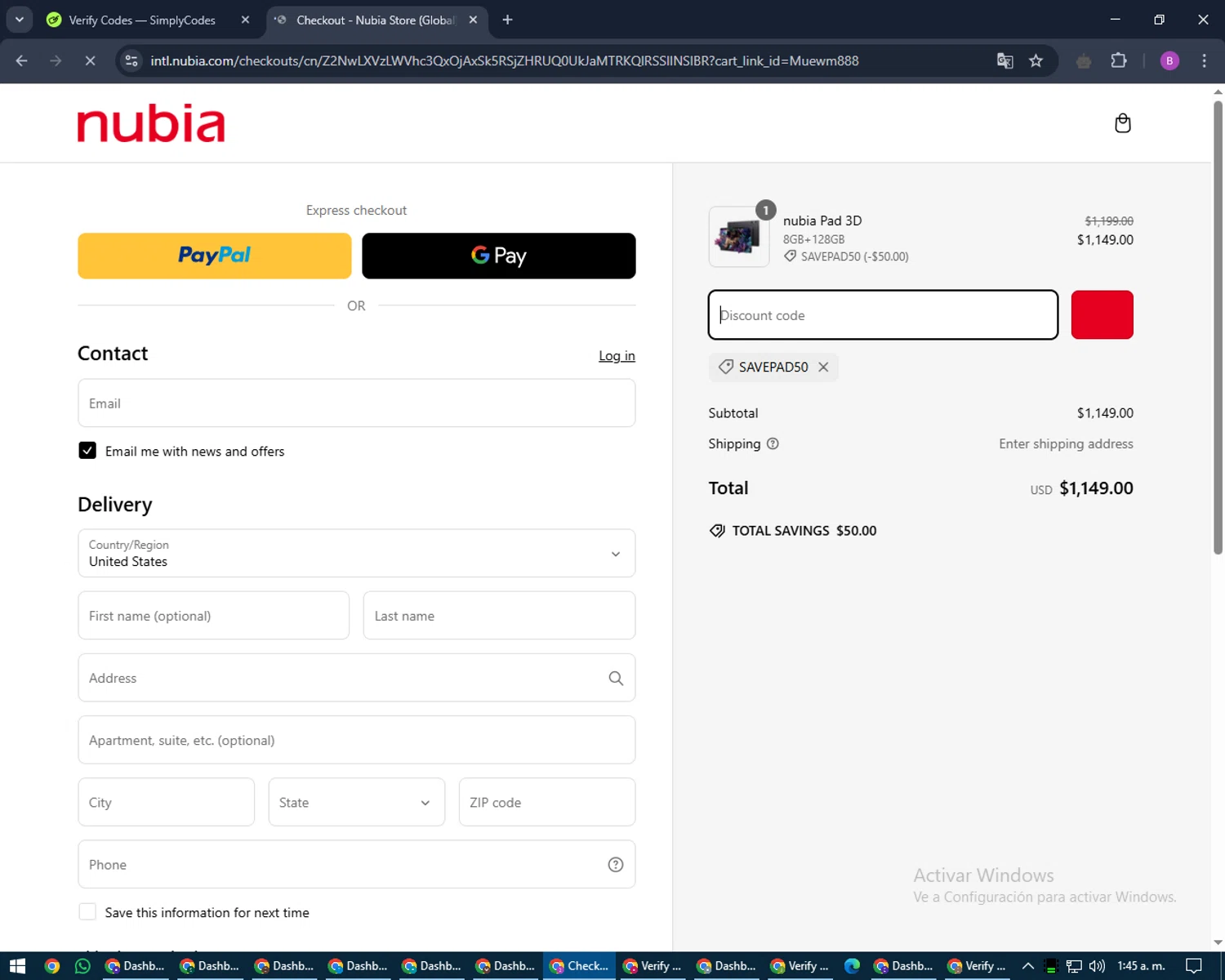 nubia Store promo code screenshot showing code SAVEPAD50 applied at nubia Store checkout page. Uploaded by SimplyCodes community member travisscott on Mar 7, 2025