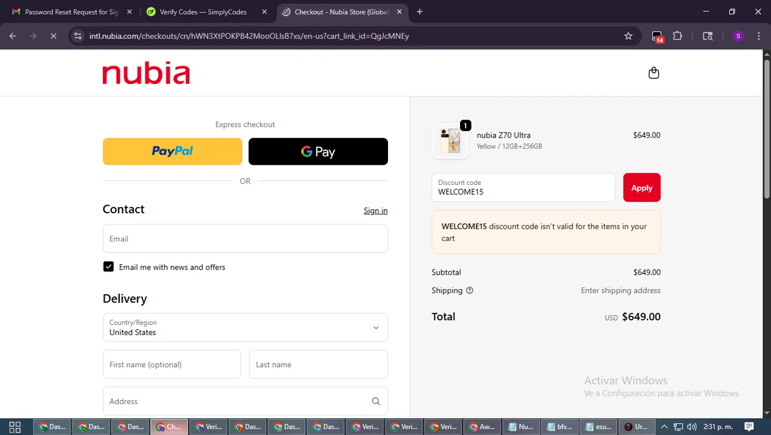 nubia Store promo code screenshot showing code WELCOME15 applied at nubia Store checkout page. Uploaded by SimplyCodes community member ShieldWarden7838 on Sep 29, 2025