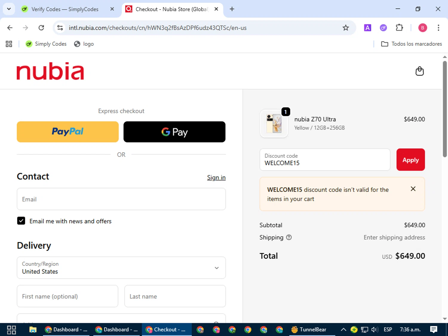 nubia Store promo code screenshot showing code WELCOME15 applied at nubia Store checkout page. Uploaded by SimplyCodes community member bombontropical on Oct 7, 2025