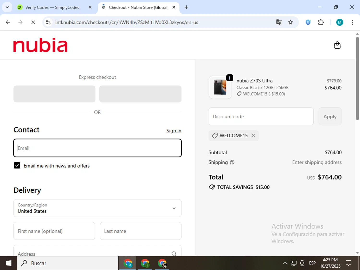 nubia Store promo code screenshot showing code WELCOME15 applied at nubia Store checkout page. Uploaded by SimplyCodes community member estrellaveloz on Oct 27, 2025