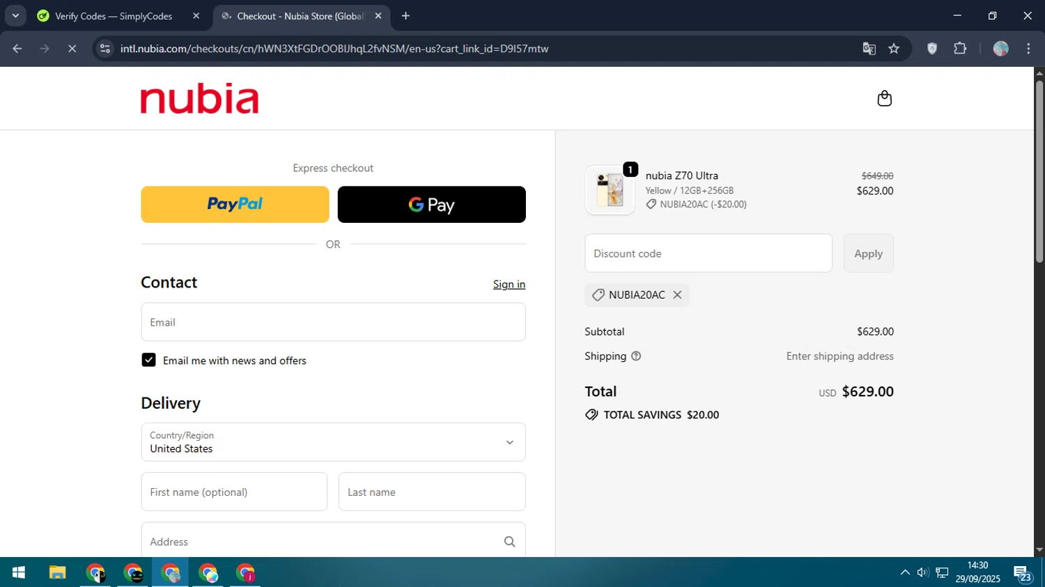 nubia Store promo code screenshot showing code NUBIA20AC applied at nubia Store checkout page. Uploaded by SimplyCodes community member LegendaryPro7106 on Sep 29, 2025