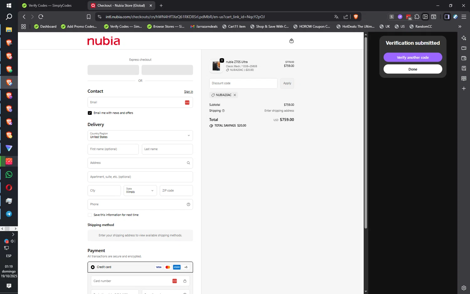 nubia Store promo code screenshot showing code NUBIA20AC applied at nubia Store checkout page. Uploaded by SimplyCodes community member ilarrazaM2 on Oct 19, 2025
