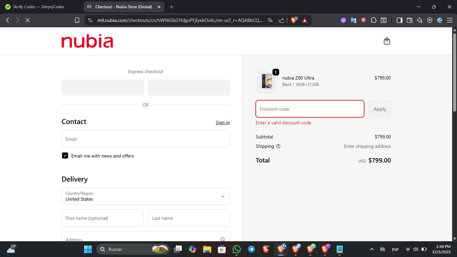 nubia Store promo code screenshot showing code Z80USAVE30 applied at nubia Store checkout page. Uploaded by SimplyCodes community member CashSpotter9266 on Dec 5, 2025