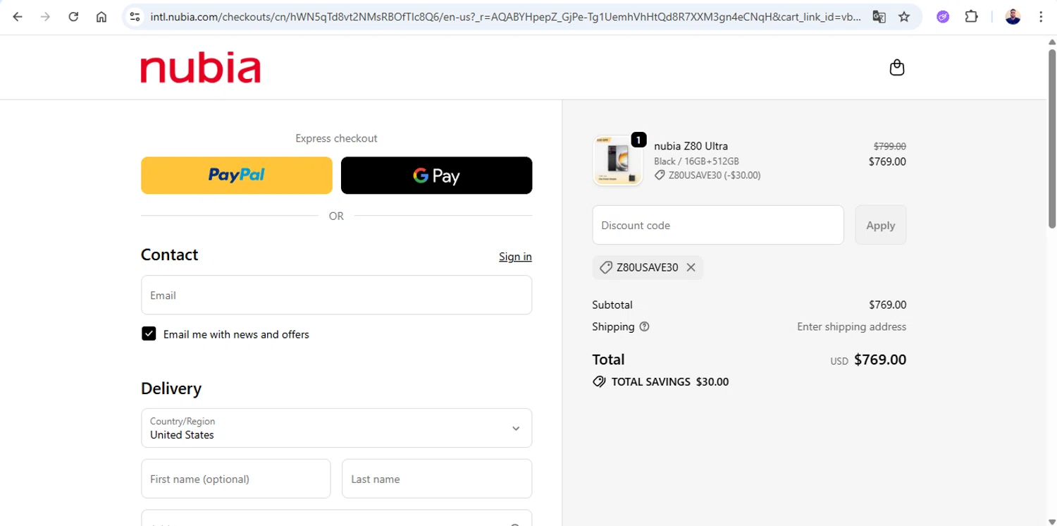 nubia Store promo code screenshot showing code Z80USAVE30 applied at nubia Store checkout page. Uploaded by SimplyCodes community member joseg151520 on Nov 29, 2025