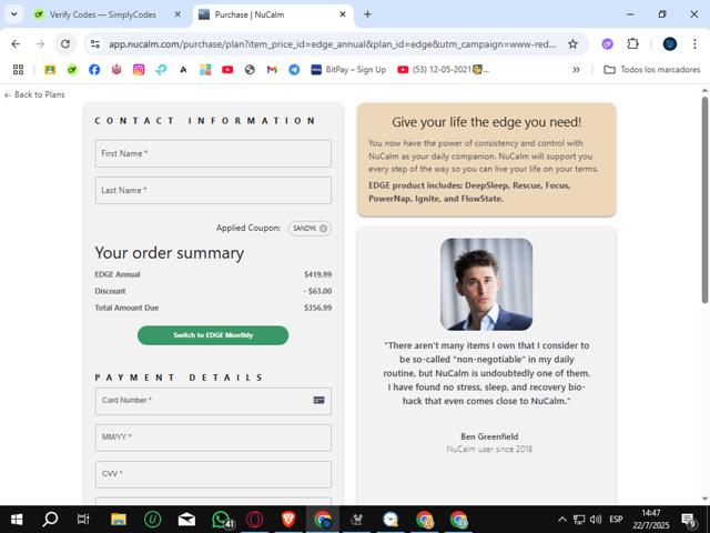 NuCalm checkout page showing NuCalm promo code box | Screenshot taken by SimplyCodes community member on Jul 22, 2025