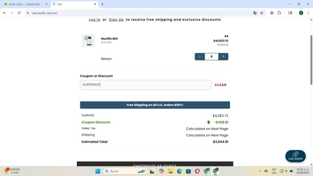 Nucific checkout page showing Nucific coupon code box | Screenshot taken by SimplyCodes community member on Aug 30, 2025