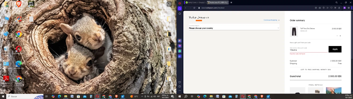 Nudie Jeans discount code screenshot showing code 10extra applied at Nudie Jeans checkout page. Uploaded by SimplyCodes community member SavingsSentinel833 on Jan 18, 2025