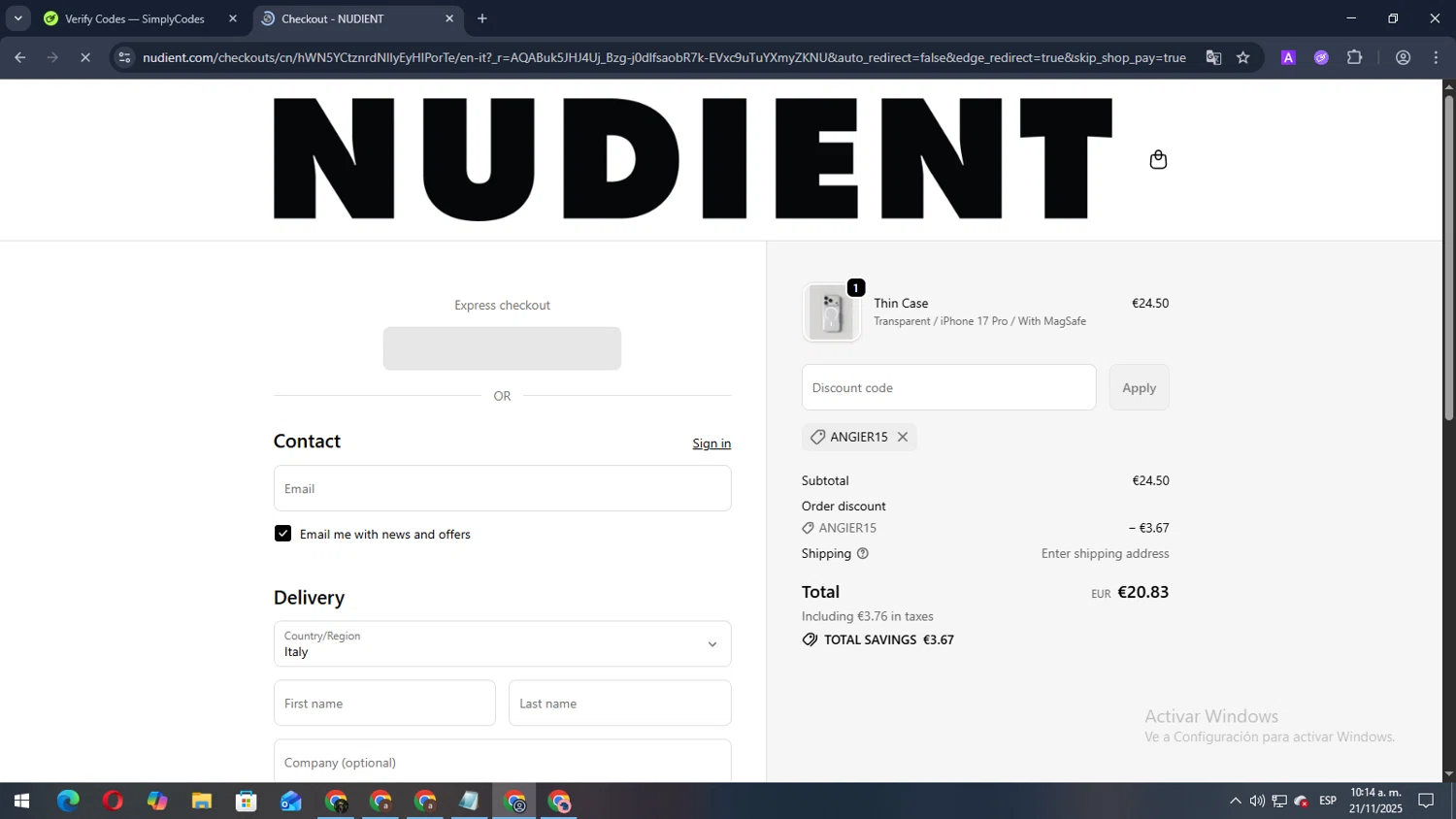Nudient discount code screenshot showing code AngieR15 applied at Nudient checkout page. Uploaded by SimplyCodes community member Andygar on Nov 21, 2025