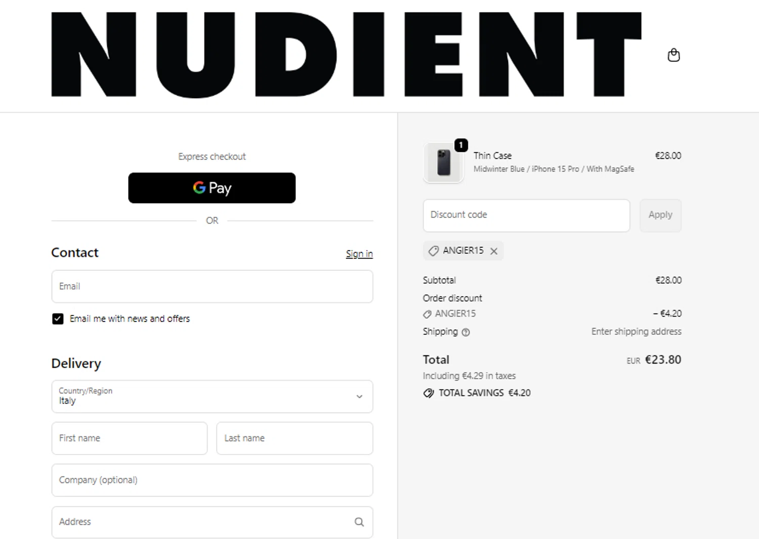 Nudient discount code screenshot showing code AngieR15 applied at Nudient checkout page. Uploaded by SimplyCodes community member BonusCollector7885 on Nov 25, 2025