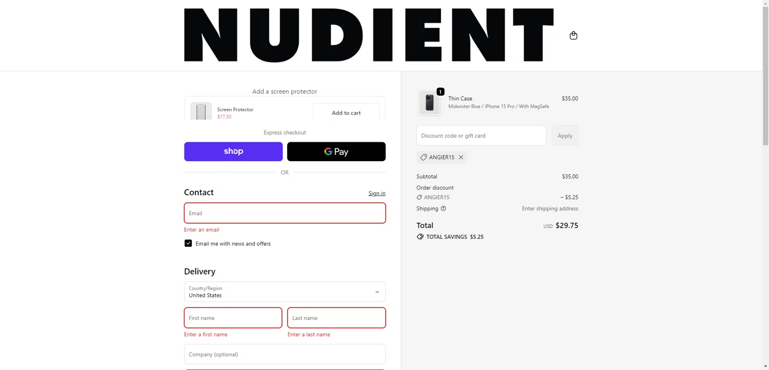 Nudient discount code screenshot showing code AngieR15 applied at Nudient checkout page. Uploaded by SimplyCodes community member SilverPioneer1110 on Nov 26, 2025
