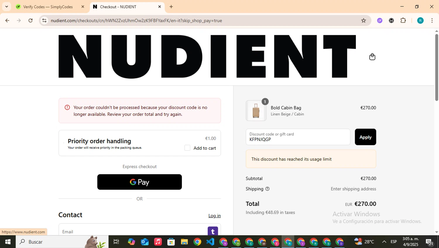 Nudient discount code screenshot showing code KFPNJQGP applied at Nudient checkout page. Uploaded by SimplyCodes community member BudgetHero4407 on Sep 4, 2025