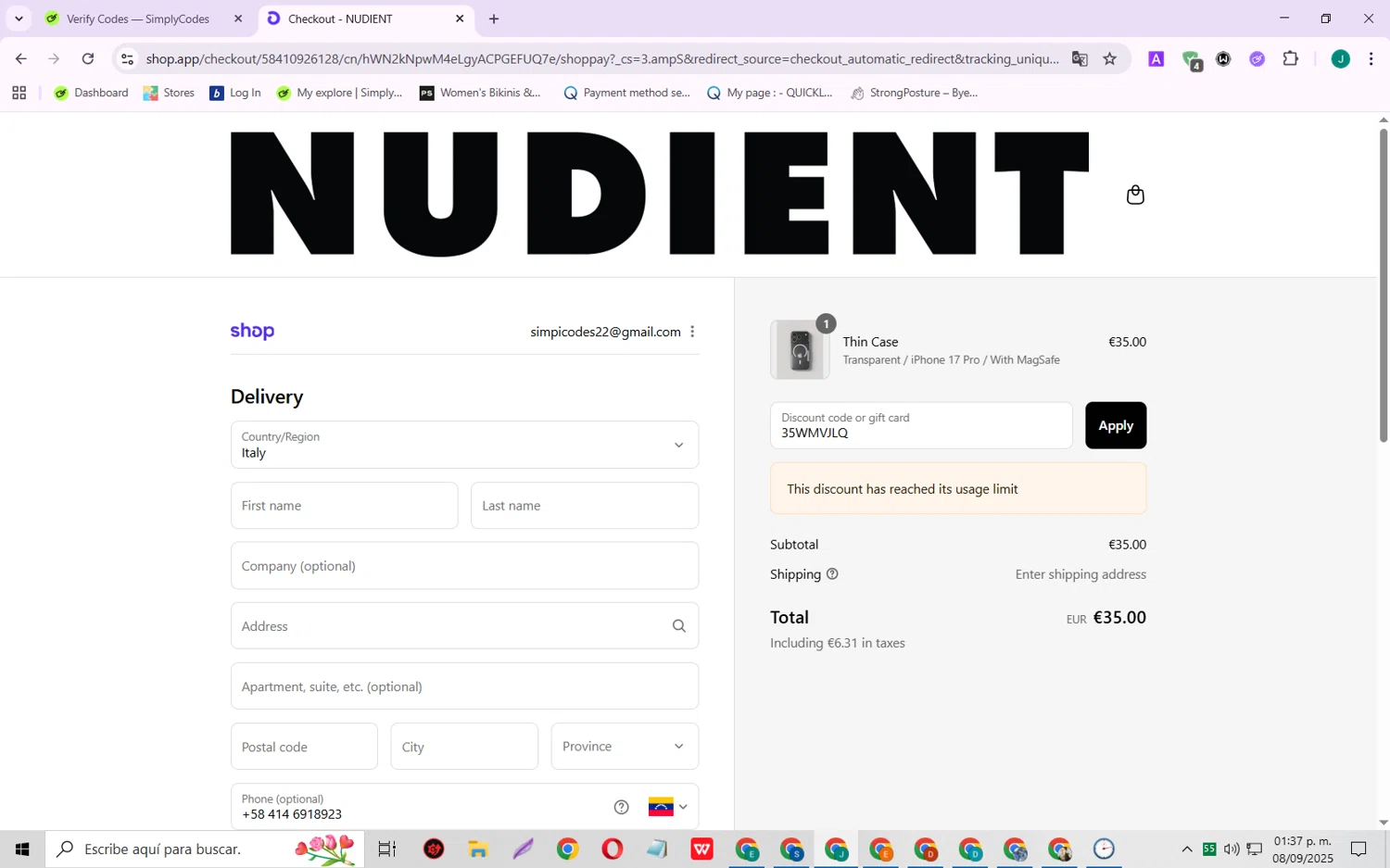 Nudient discount code screenshot showing code 35WMVJLQ applied at Nudient checkout page. Uploaded by SimplyCodes community member SarayH on Sep 8, 2025