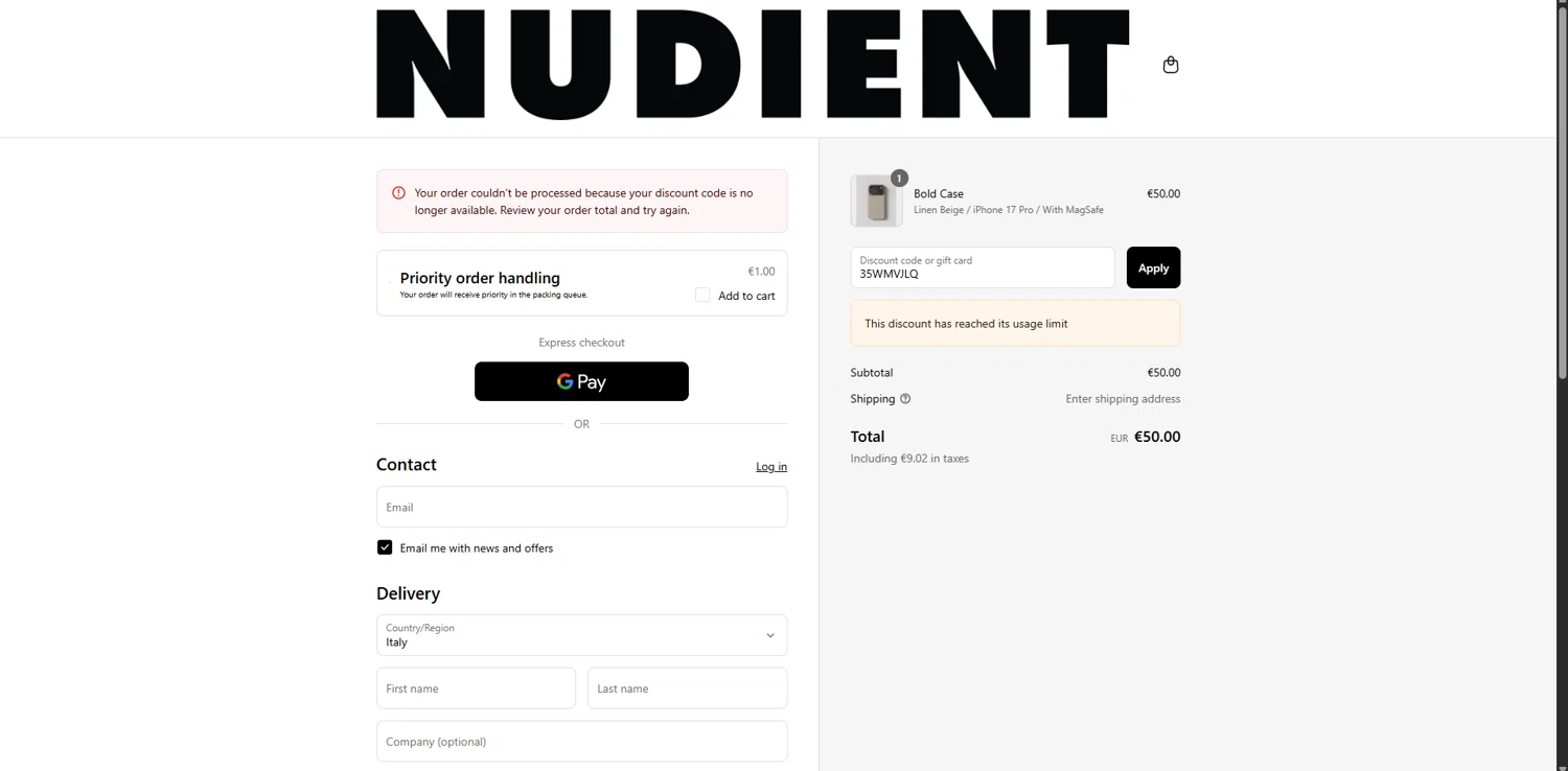Nudient discount code screenshot showing code 35WMVJLQ applied at Nudient checkout page. Uploaded by SimplyCodes community member SavingsPioneer4533 on Sep 8, 2025