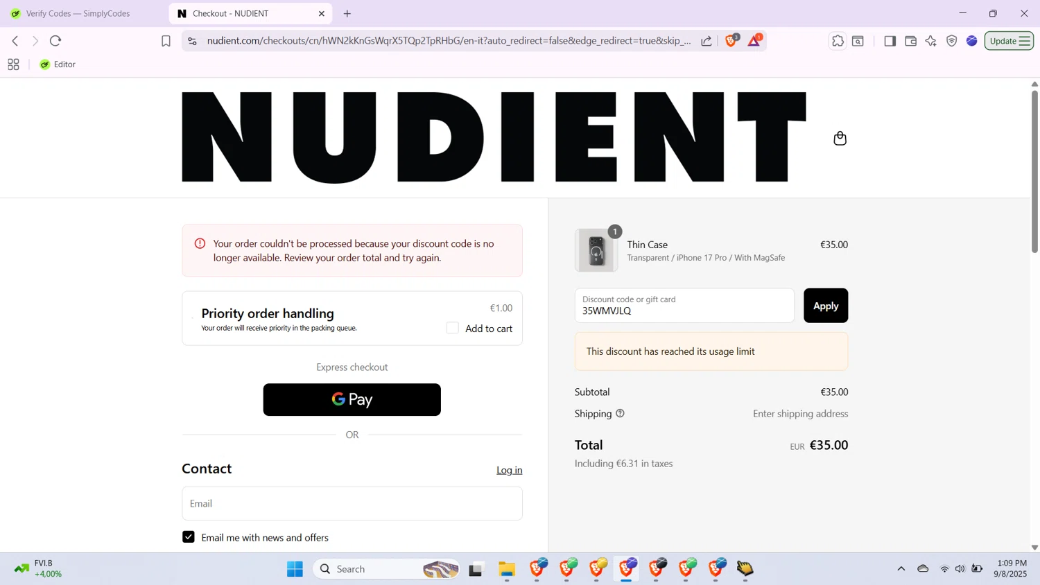 Nudient discount code screenshot showing code 35WMVJLQ applied at Nudient checkout page. Uploaded by SimplyCodes community member ScanRanger3795 on Sep 8, 2025