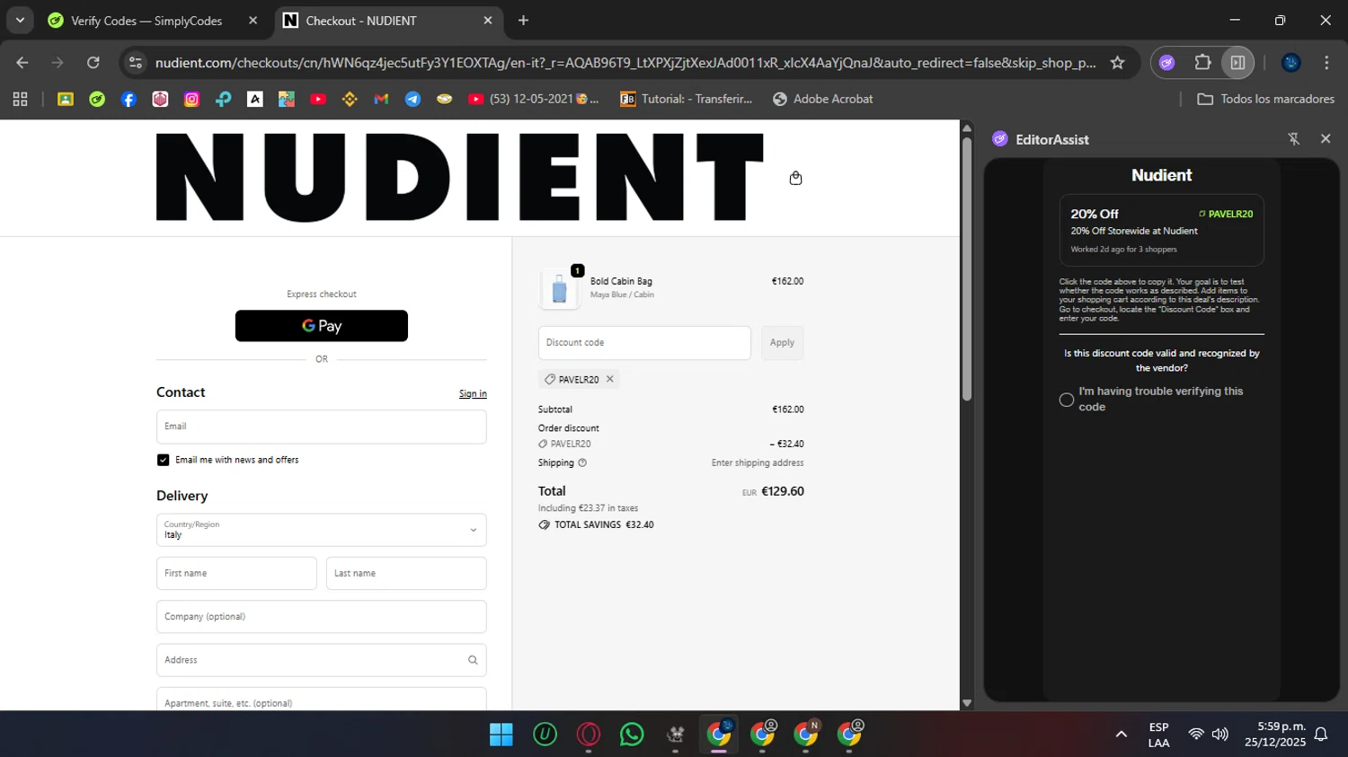 Nudient discount code screenshot showing code PavelR20 applied at Nudient checkout page. Uploaded by SimplyCodes community member Crchirino1 on Dec 25, 2025