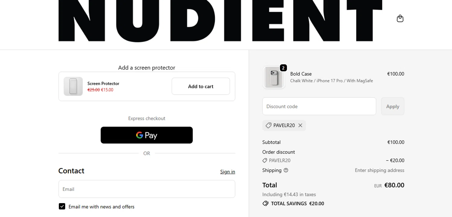 Nudient discount code screenshot showing code PavelR20 applied at Nudient checkout page. Uploaded by SimplyCodes community member yilmamalave on Dec 17, 2025