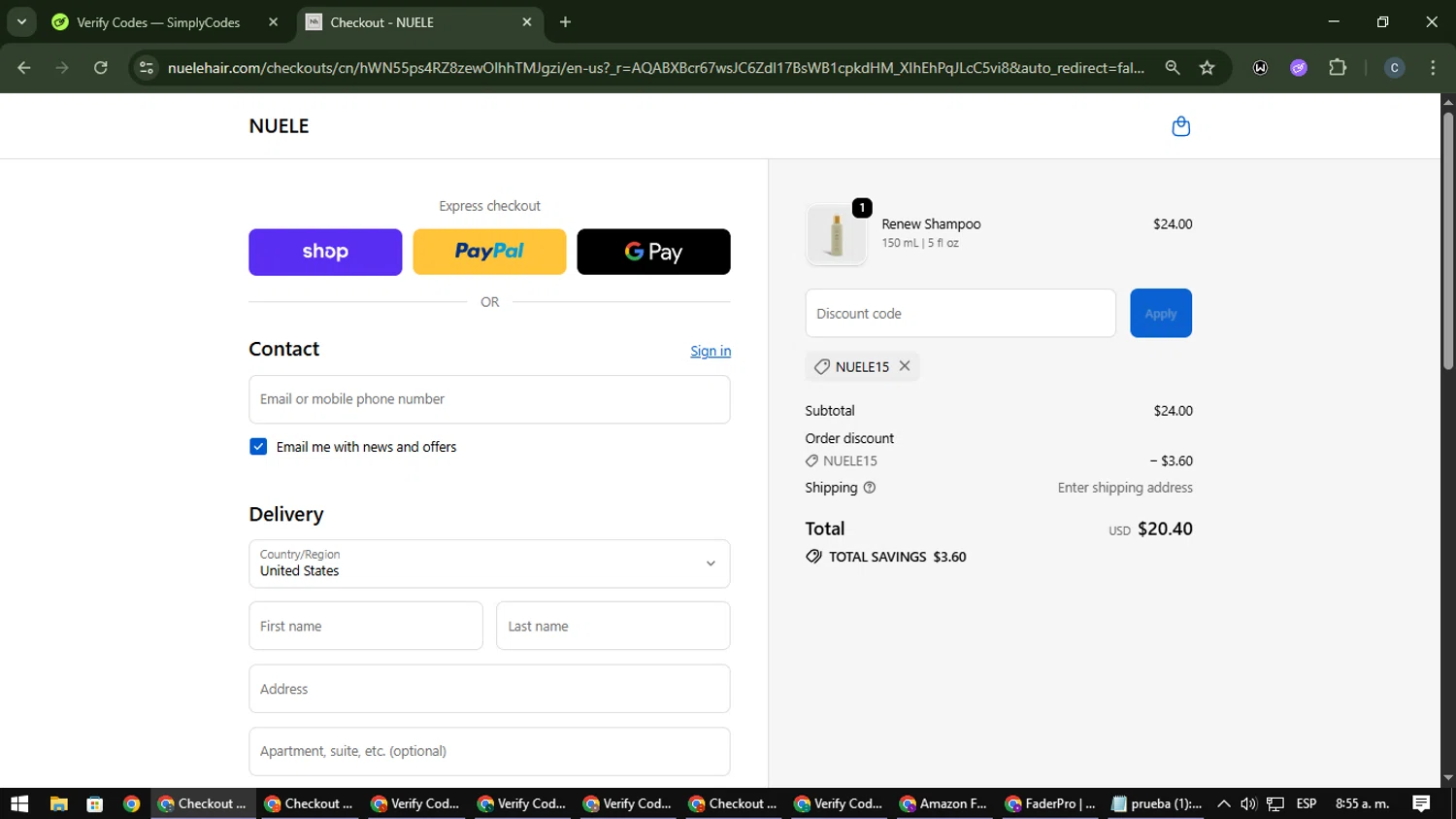 Nuele Hair promo code screenshot showing code NUELE15 applied at Nuele Hair checkout page. Uploaded by SimplyCodes community member Nata_Montana on Nov 9, 2025