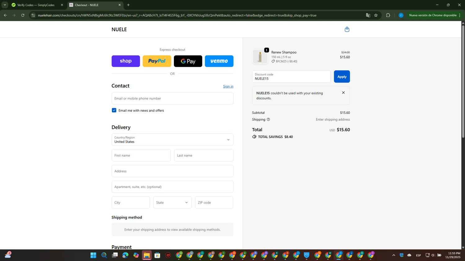 Nuele Hair promo code screenshot showing code NUELE15 applied at Nuele Hair checkout page. Uploaded by SimplyCodes community member RewardVoyager146 on Nov 30, 2025