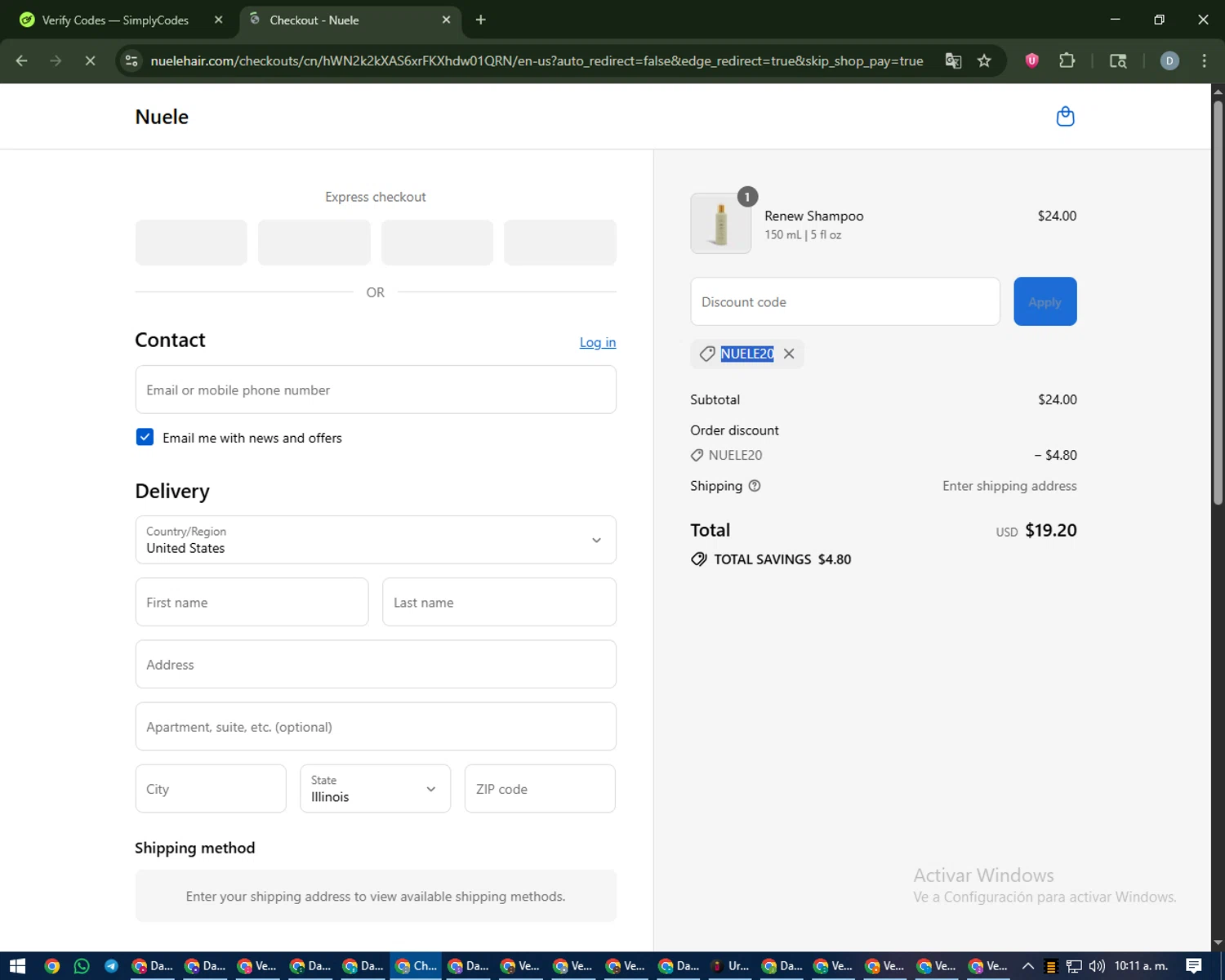 Nuele Hair promo code screenshot showing code NUELE20 applied at Nuele Hair checkout page. Uploaded by SimplyCodes community member CleverCurator2558 on Sep 8, 2025