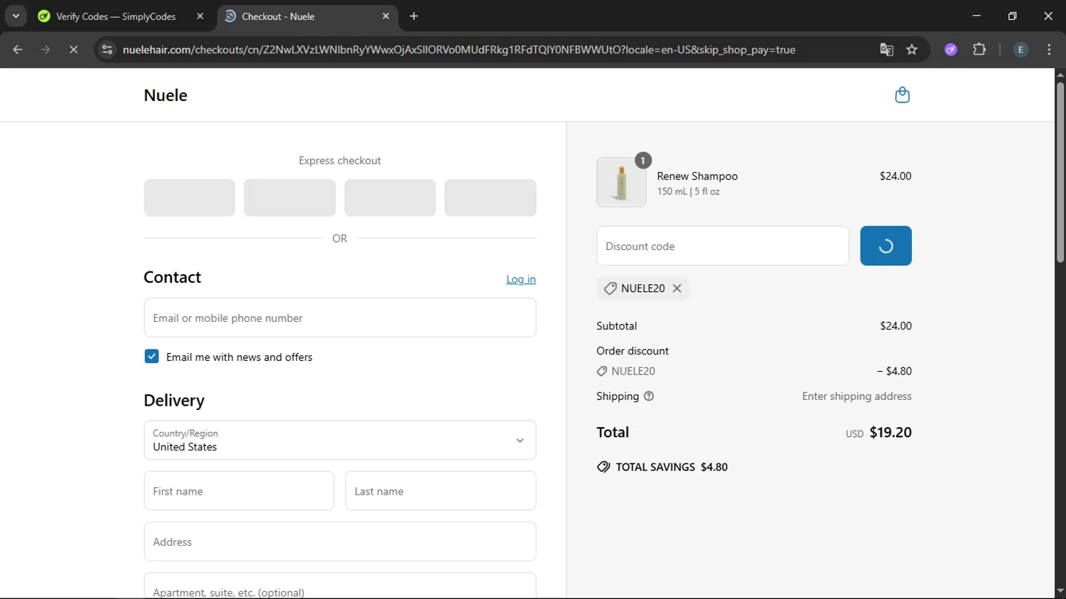 Nuele Hair promo code screenshot showing code NUELE20 applied at Nuele Hair checkout page. Uploaded by SimplyCodes community member LegendaryFox9861 on Jun 26, 2025