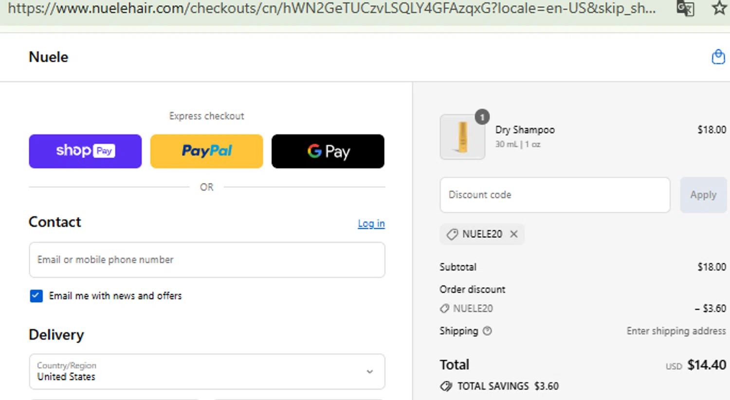 Nuele Hair promo code screenshot showing code NUELE20 applied at Nuele Hair checkout page. Uploaded by SimplyCodes community member RewardFinder4836 on Aug 27, 2025