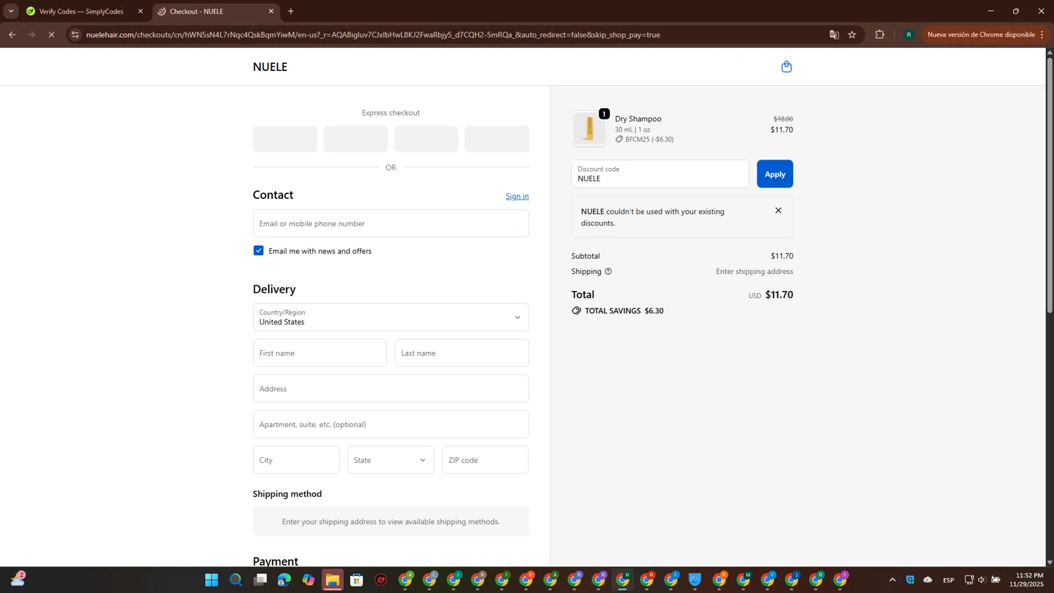 Nuele Hair promo code screenshot showing code NUELE applied at Nuele Hair checkout page. Uploaded by SimplyCodes community member ScanPioneer7706 on Nov 30, 2025