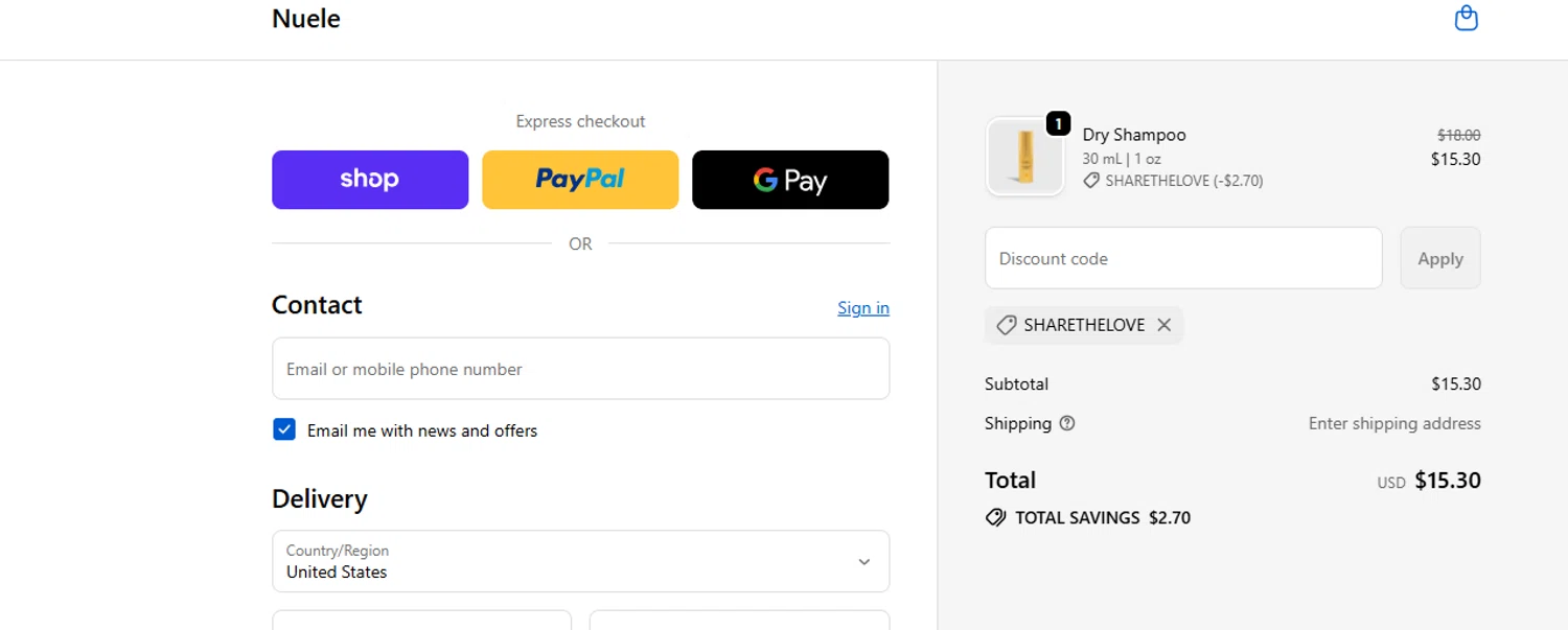 Nuele Hair promo code screenshot showing code SHARETHELOVE applied at Nuele Hair checkout page. Uploaded by SimplyCodes community member ashe1986 on Sep 18, 2025