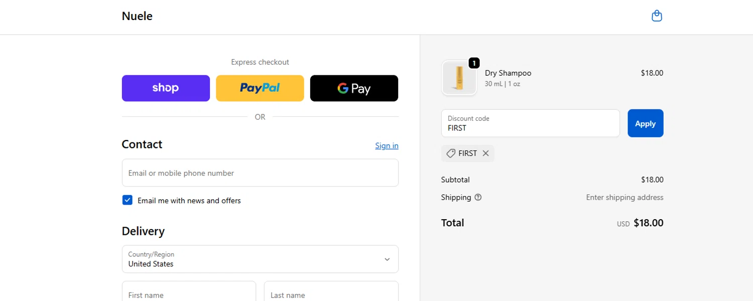 Nuele Hair promo code screenshot showing code FIRST applied at Nuele Hair checkout page. Uploaded by SimplyCodes community member ashe1986 on Sep 18, 2025