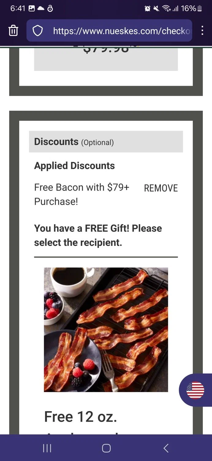 Nueske's discount code screenshot showing code BESTBACON applied at Nueske's checkout page. Uploaded by SimplyCodes community member MeganFox on Apr 11, 2025