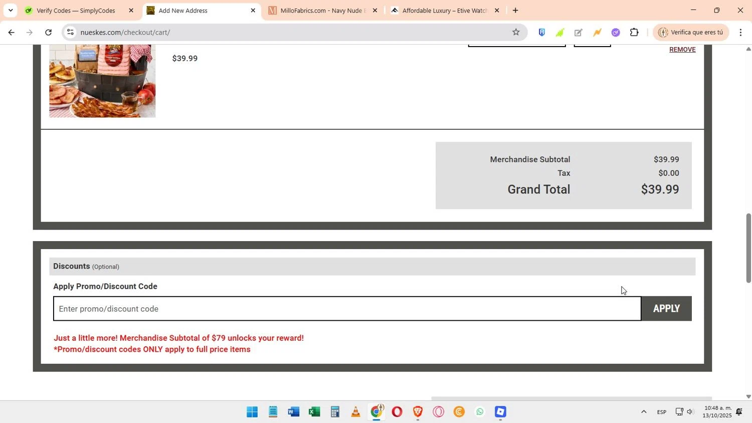 Nueske's discount code screenshot showing code hello15 applied at Nueske's checkout page. Uploaded by SimplyCodes community member Elimix on Oct 13, 2025