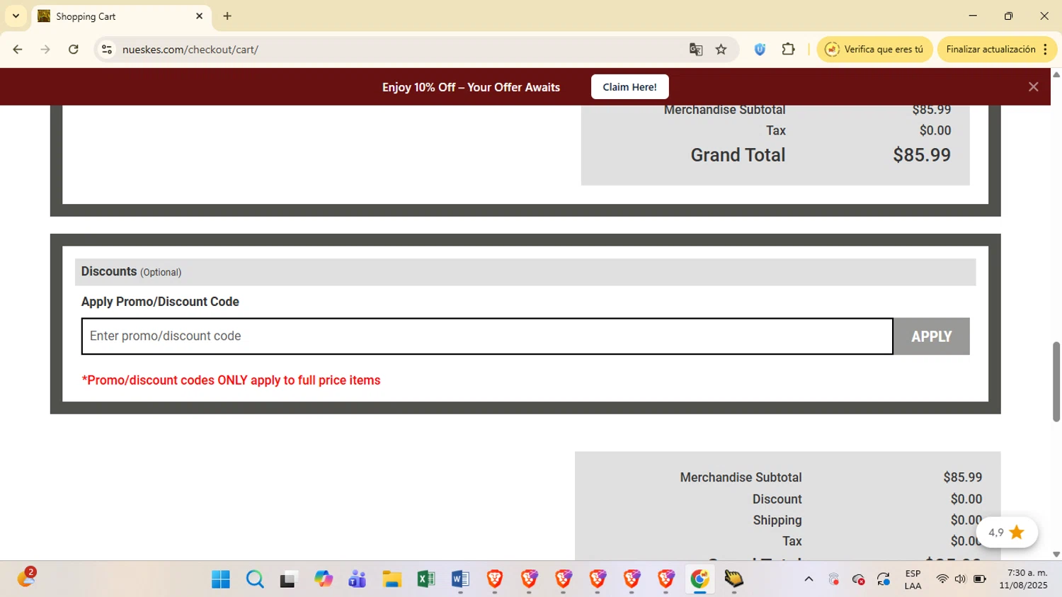 Nueske's discount code screenshot showing code EM2524A applied at Nueske's checkout page. Uploaded by SimplyCodes community member BrilliantSpotter8809 on Nov 8, 2025