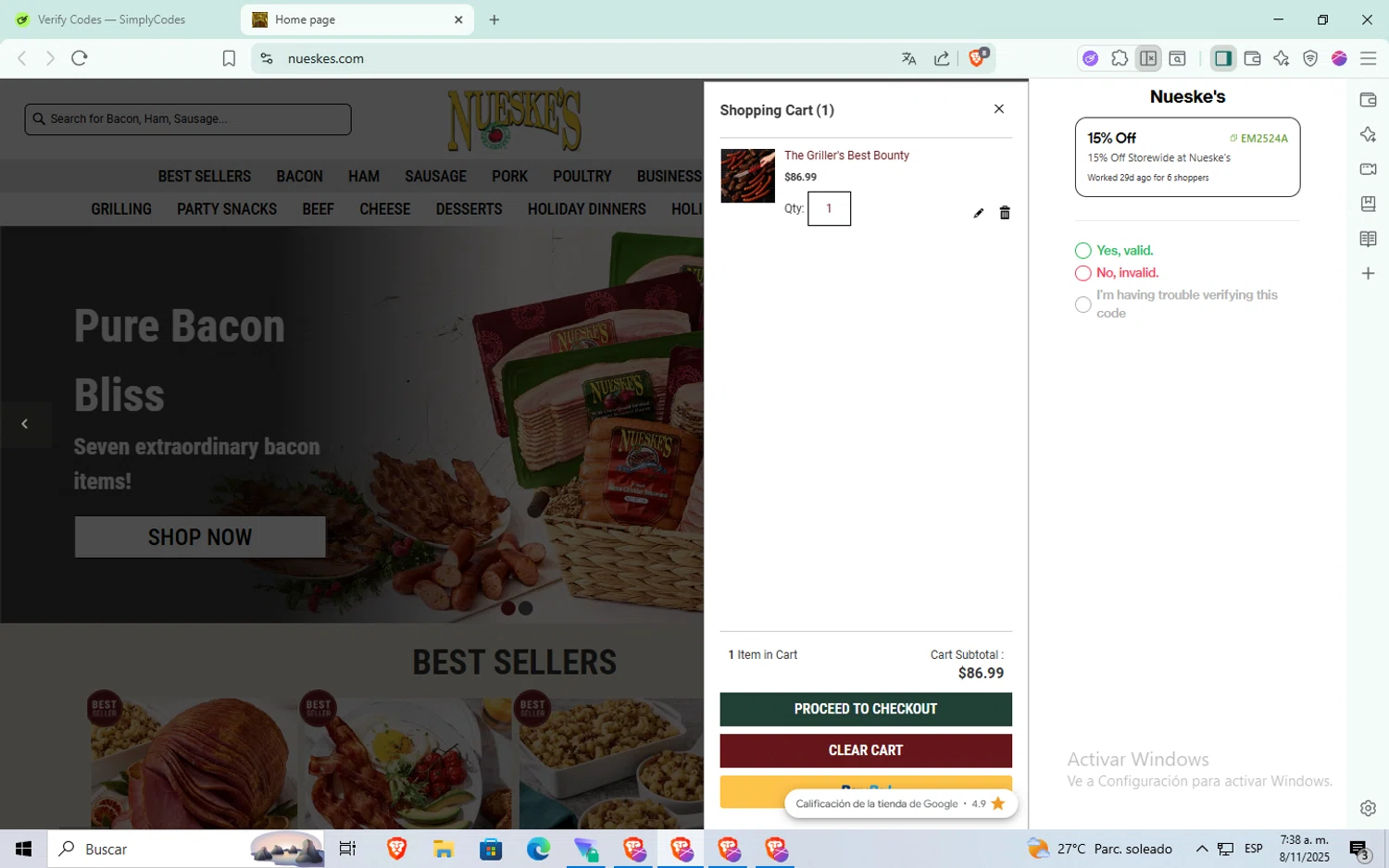 Nueske's discount code screenshot showing code EM2524A applied at Nueske's checkout page. Uploaded by SimplyCodes community member Puta_madre10 on Nov 8, 2025