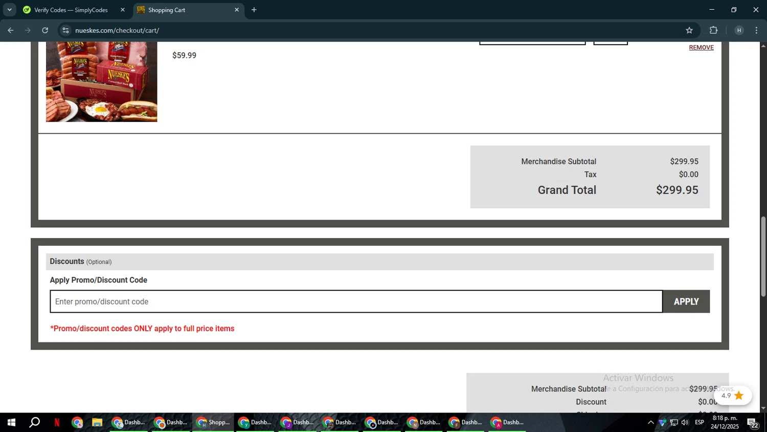 Nueske's discount code screenshot showing code EM2524A applied at Nueske's checkout page. Uploaded by SimplyCodes community member YAMAHA on Dec 25, 2025
