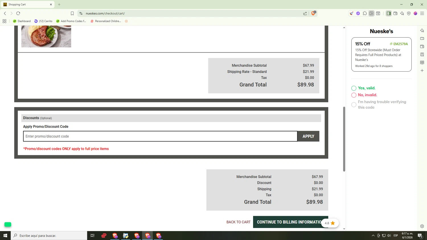 Nueske's checkout page showing Nueske's discount code box | Screenshot taken by SimplyCodes community member on Jan 6, 2026
