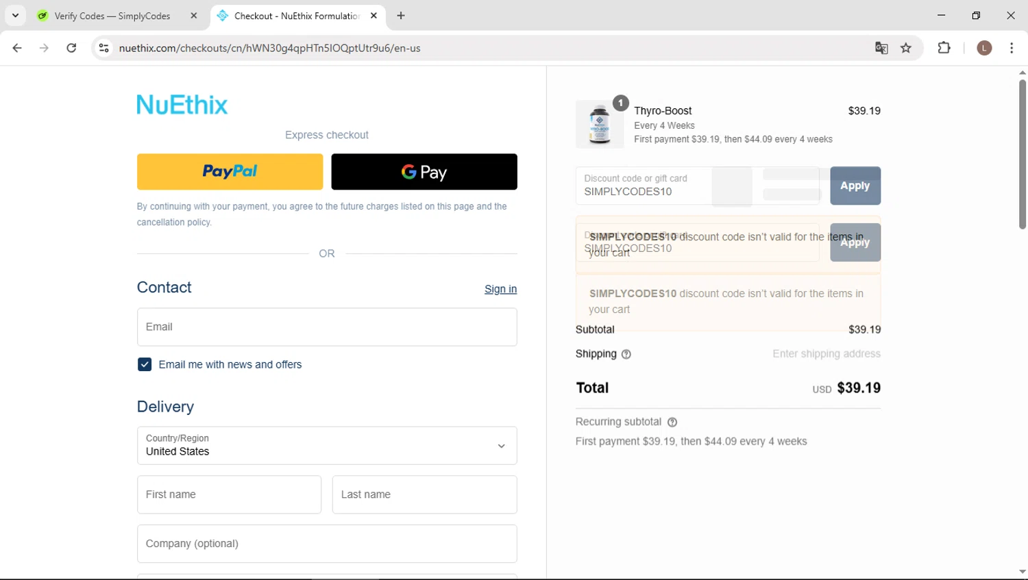 Nuethix discount code screenshot showing code SIMPLYCODES10 applied at Nuethix checkout page. Uploaded by SimplyCodes community member BENELLI on Sep 15, 2025