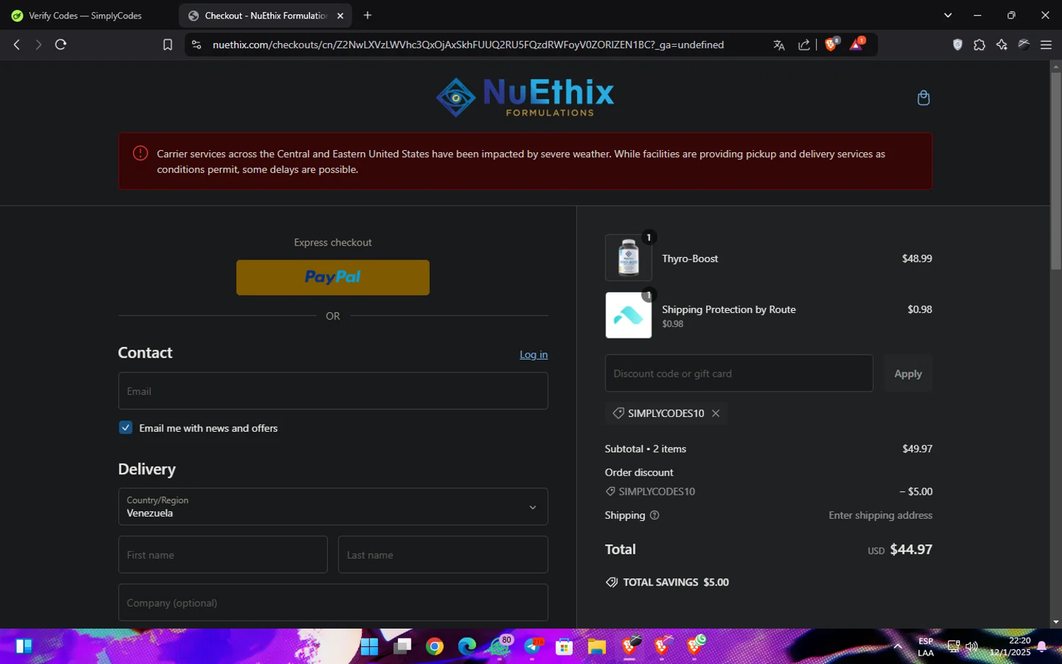 Nuethix discount code screenshot showing code SIMPLYCODES10 applied at Nuethix checkout page. Uploaded by SimplyCodes community member JavierCastillo1301 on Jan 13, 2025