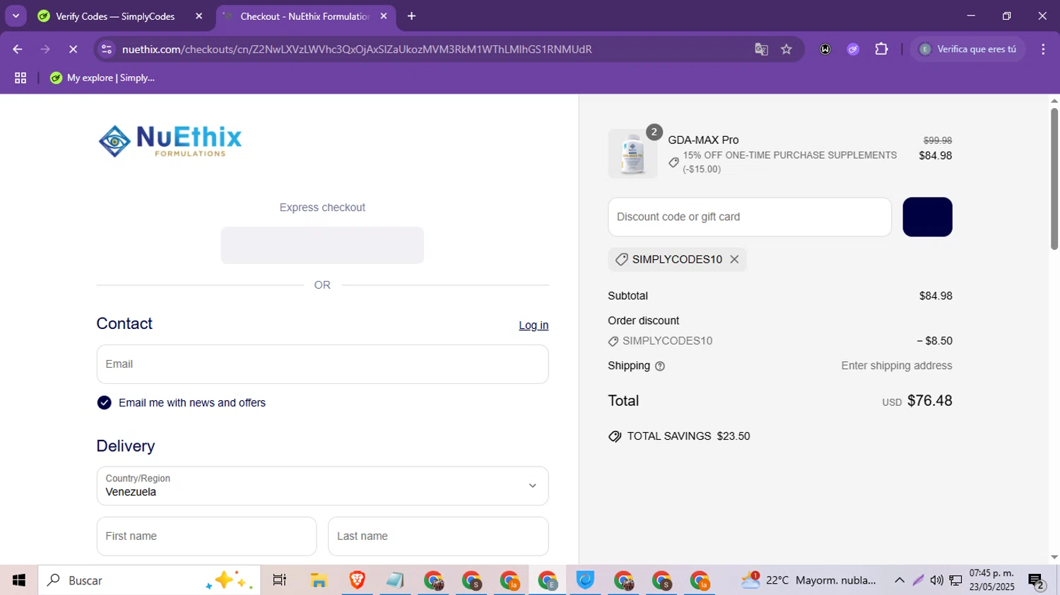 Nuethix discount code screenshot showing code SIMPLYCODES10 applied at Nuethix checkout page. Uploaded by SimplyCodes community member MoneySeeker8573 on May 23, 2025