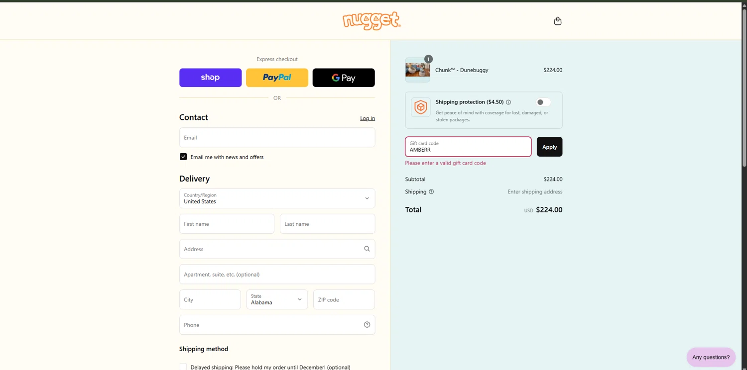 Nugget Comfort promo code screenshot showing code AMBERR applied at Nugget Comfort checkout page. Uploaded by SimplyCodes community member RoyalVirtuoso4479 on Aug 29, 2025