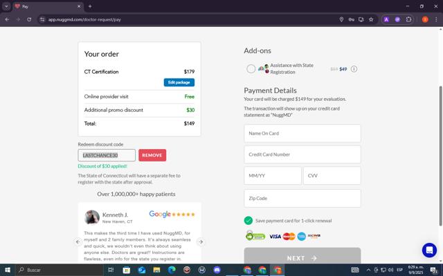 NuggMD checkout page showing NuggMD promo code box | Screenshot taken by SimplyCodes community member on Sep 9, 2025