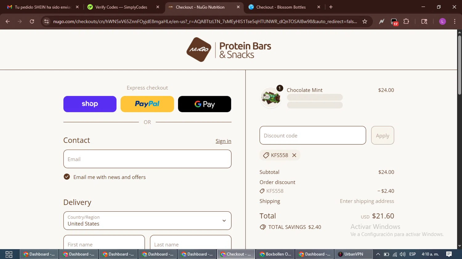 NuGo Nutrition Bars promo code screenshot showing code KFS558 applied at NuGo Nutrition Bars checkout page. Uploaded by SimplyCodes community member RewardScout5160 on Dec 2, 2025