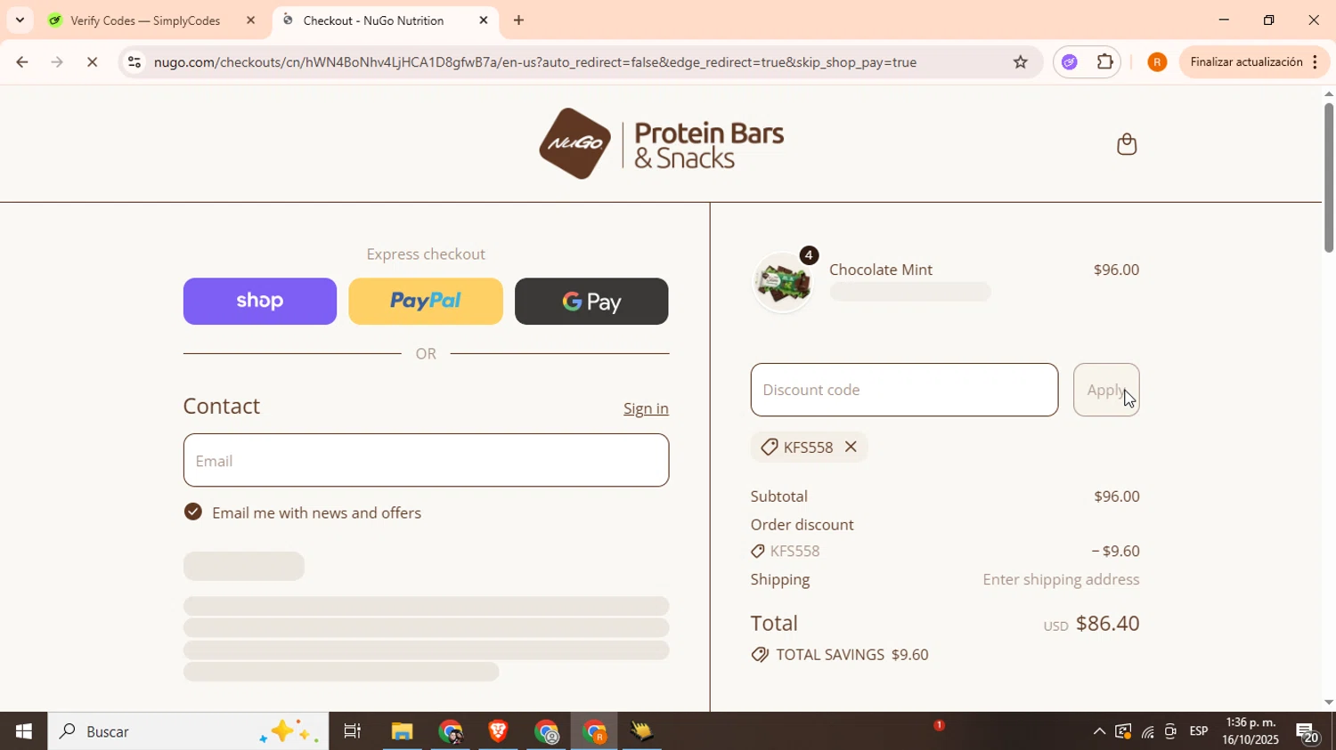 NuGo Nutrition Bars promo code screenshot showing code KFS558 applied at NuGo Nutrition Bars checkout page. Uploaded by SimplyCodes community member Sashayprin on Oct 16, 2025