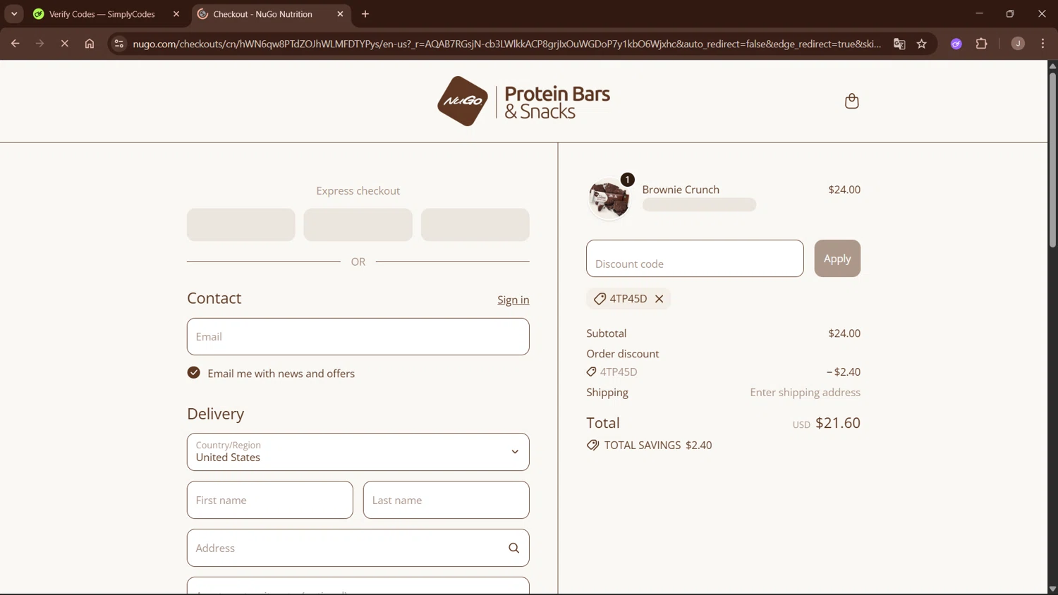 NuGo Nutrition Bars promo code screenshot showing code 4TP45D applied at NuGo Nutrition Bars checkout page. Uploaded by SimplyCodes community member WisePro3955 on Dec 25, 2025