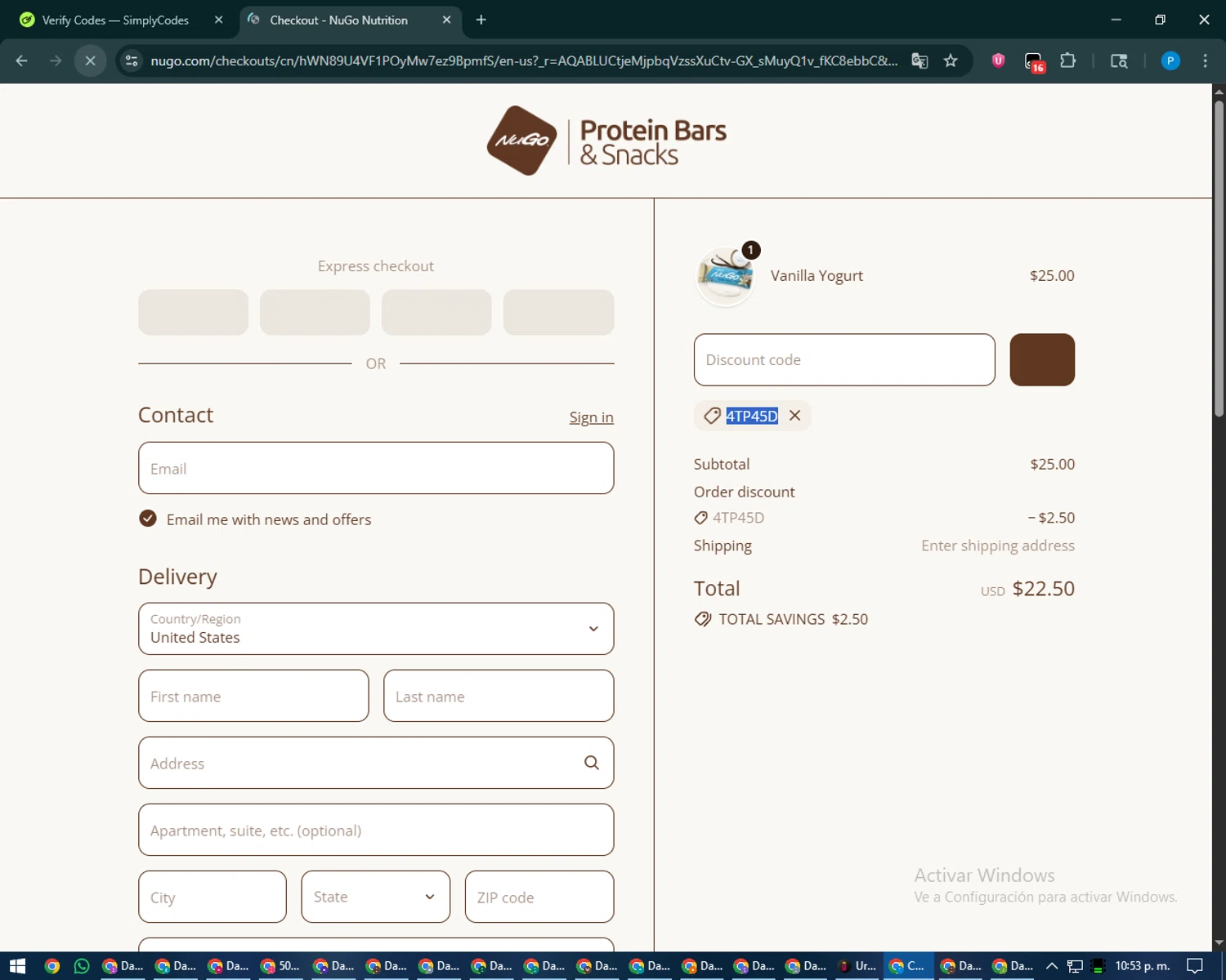 NuGo Nutrition Bars promo code screenshot showing code 4TP45D applied at NuGo Nutrition Bars checkout page. Uploaded by SimplyCodes community member juiceWRLD on Jan 29, 2026